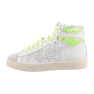 P448 White and Neon Green High-Top Sneakers